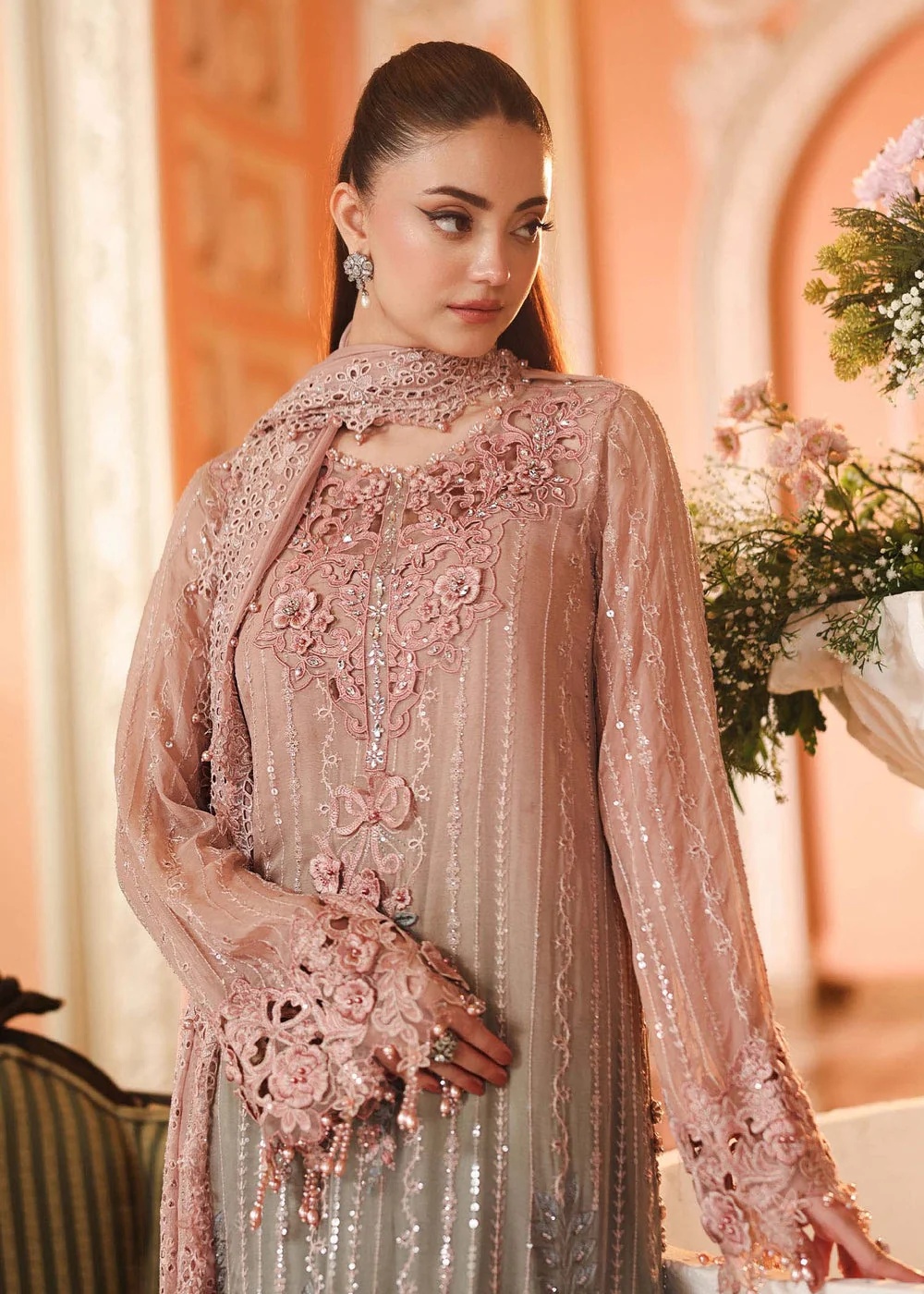 Maria.B gray pink pakistani fashion outfit in pink, grey tones.